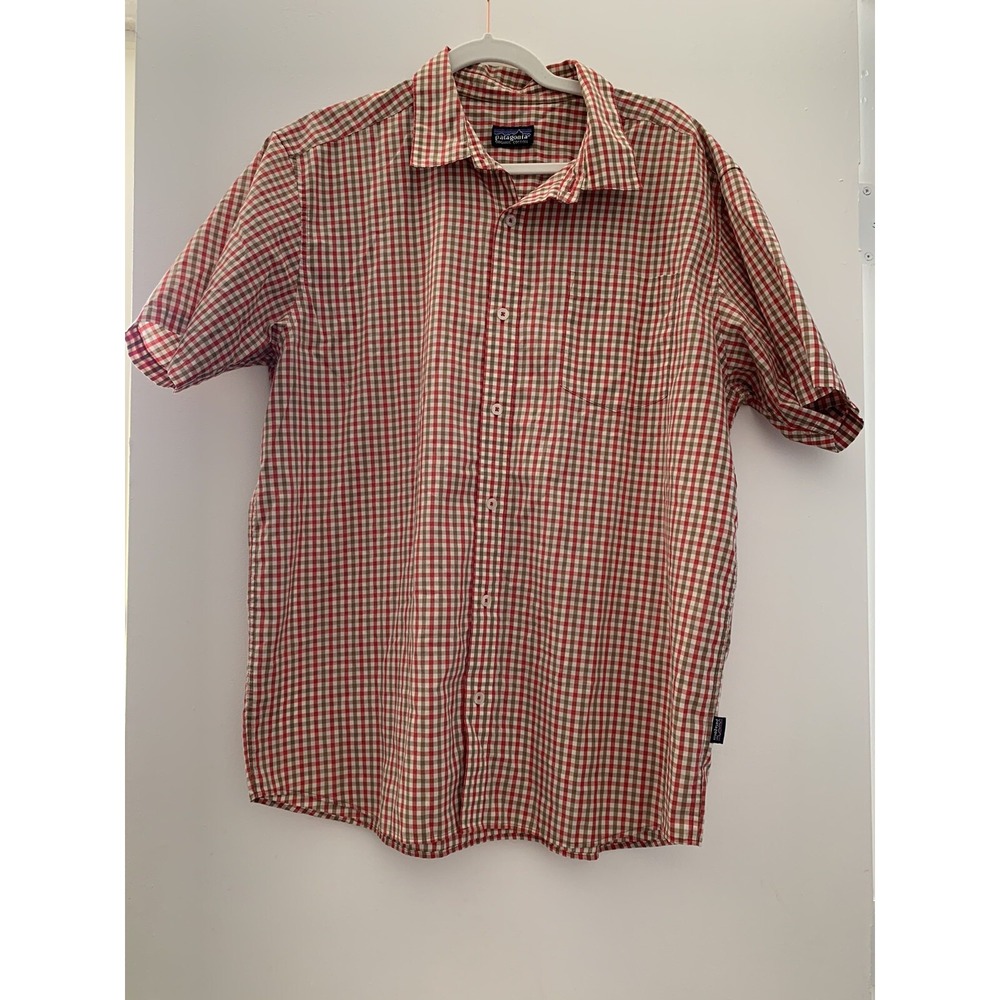 Mens Patagonia Organic Cotton S/S Check Pattern Pocket Olive Red White - Read